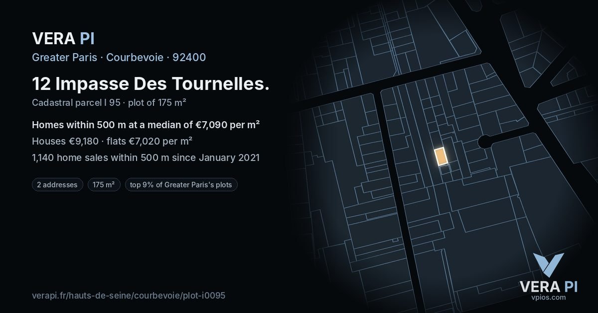 12 Impasse Des Tournelles, Courbevoie at night – the plot lit, the parcels around coloured by the prices near them