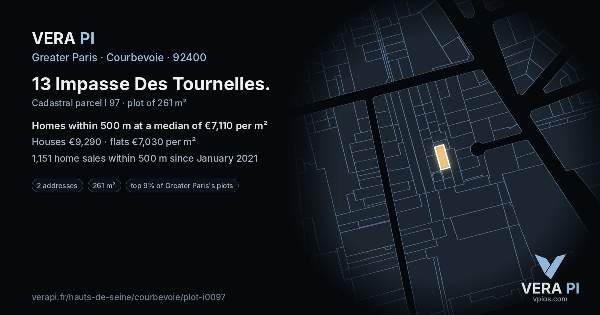 13 Impasse Des Tournelles, Courbevoie at night – the plot lit, the parcels around coloured by the prices near them