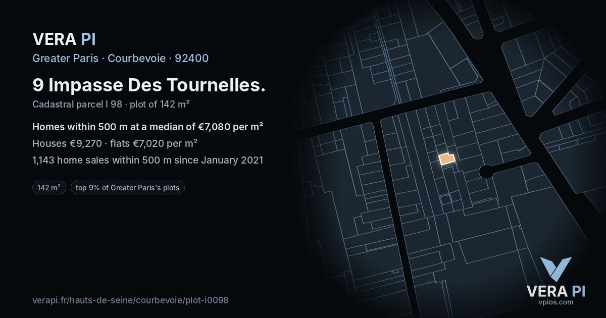 9 Impasse Des Tournelles, Courbevoie at night – the plot lit, the parcels around coloured by the prices near them