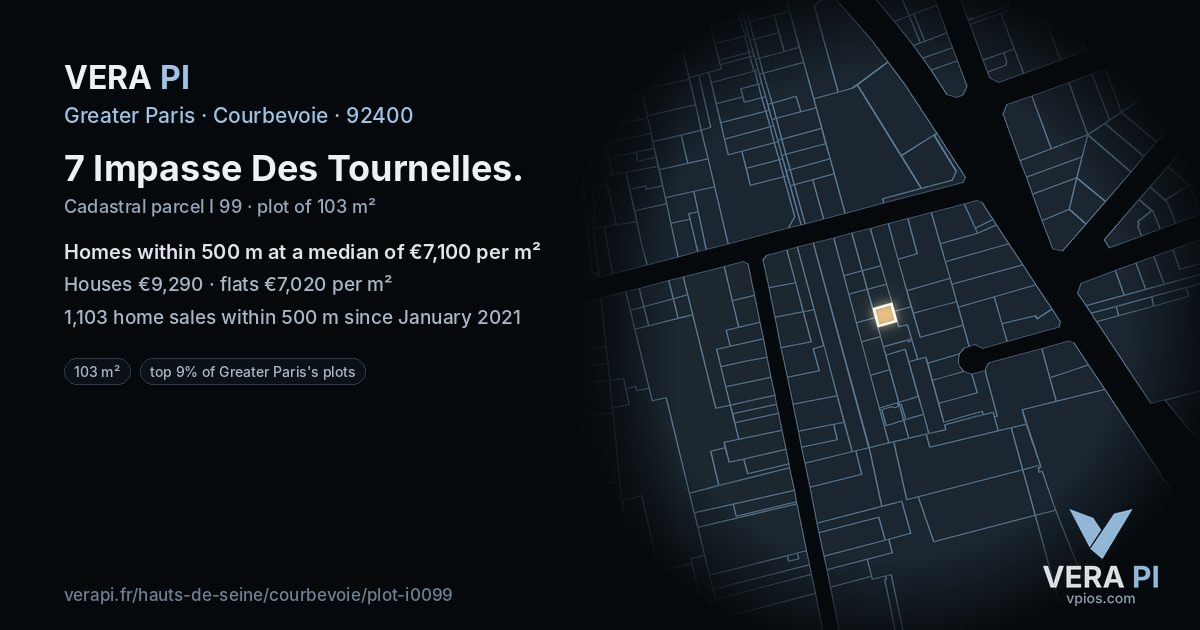 7 Impasse Des Tournelles, Courbevoie at night – the plot lit, the parcels around coloured by the prices near them