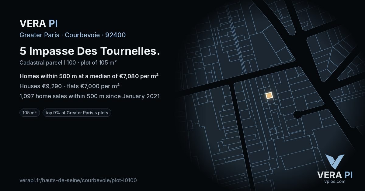 5 Impasse Des Tournelles, Courbevoie at night – the plot lit, the parcels around coloured by the prices near them