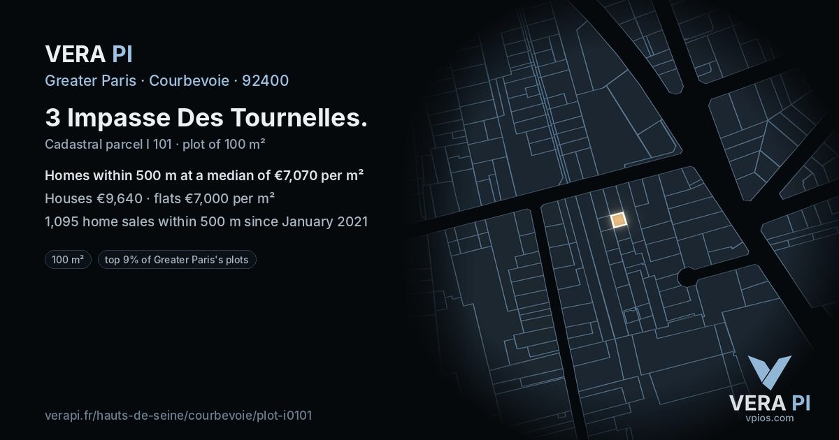 3 Impasse Des Tournelles, Courbevoie at night – the plot lit, the parcels around coloured by the prices near them