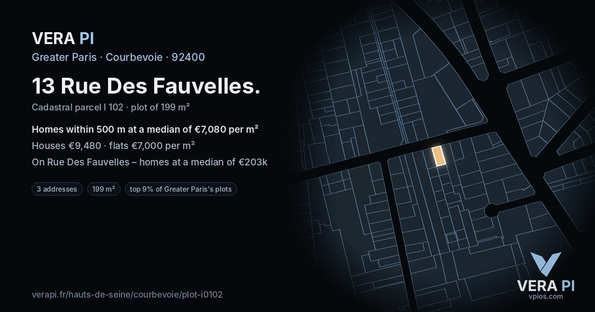13 Rue Des Fauvelles, Courbevoie at night – the plot lit, the parcels around coloured by the prices near them