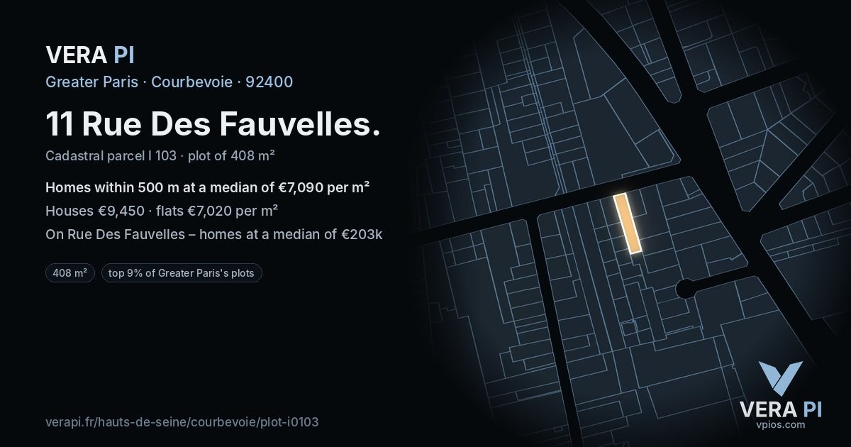 11 Rue Des Fauvelles, Courbevoie at night – the plot lit, the parcels around coloured by the prices near them