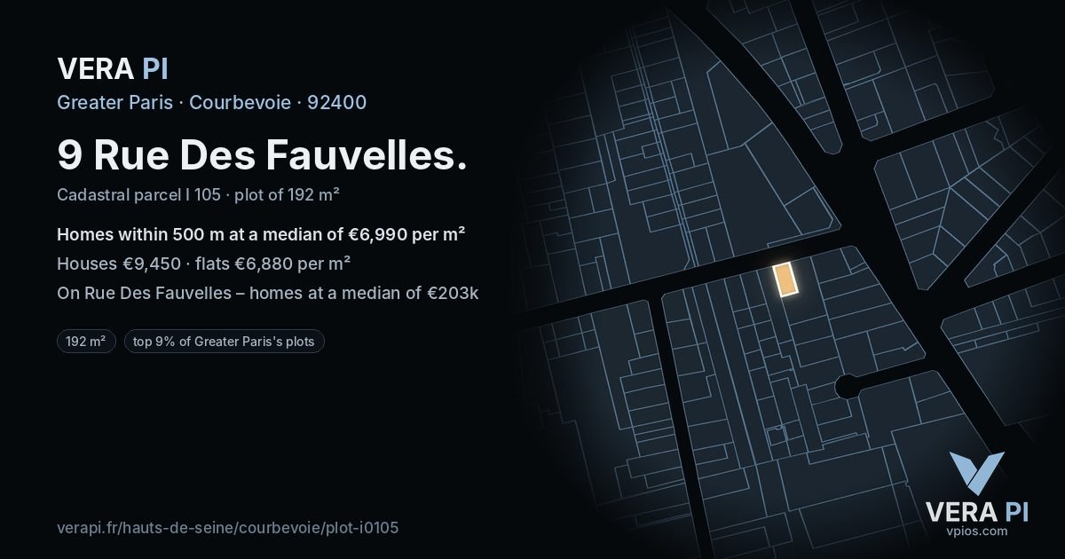 9 Rue Des Fauvelles, Courbevoie at night – the plot lit, the parcels around coloured by the prices near them