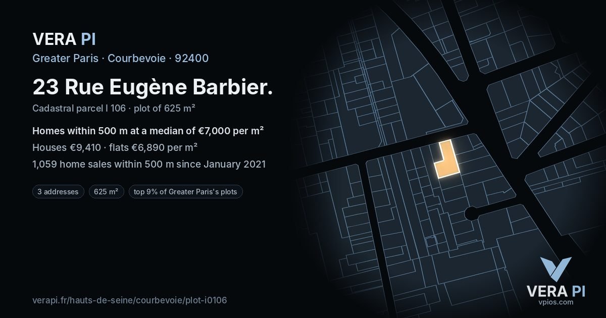 23 Rue Eugène Barbier, Courbevoie at night – the plot lit, the parcels around coloured by the prices near them