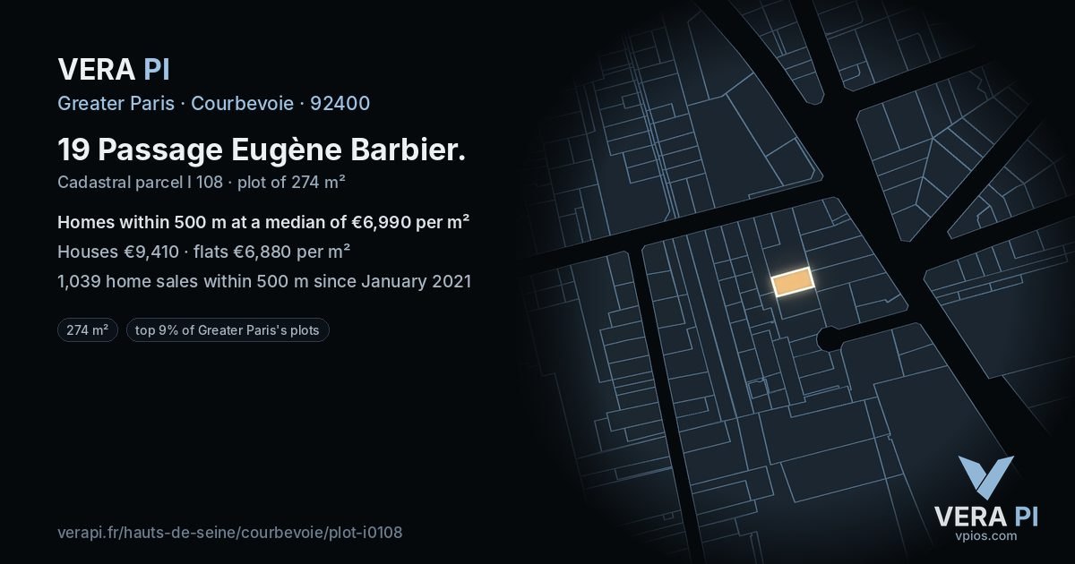 19 Passage Eugène Barbier, Courbevoie at night – the plot lit, the parcels around coloured by the prices near them