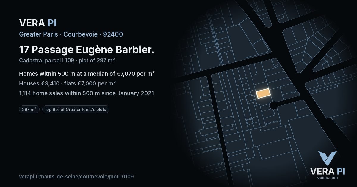 17 Passage Eugène Barbier, Courbevoie at night – the plot lit, the parcels around coloured by the prices near them