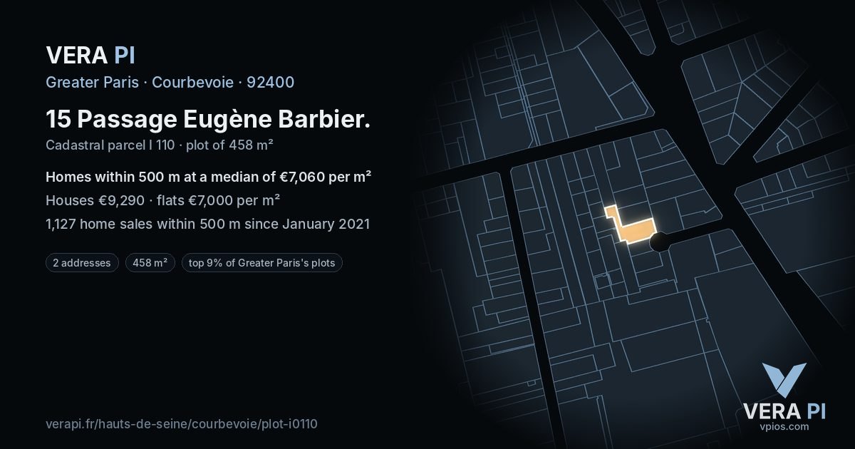 15 Passage Eugène Barbier, Courbevoie at night – the plot lit, the parcels around coloured by the prices near them