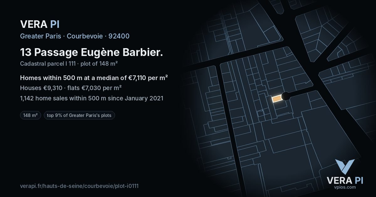 13 Passage Eugène Barbier, Courbevoie at night – the plot lit, the parcels around coloured by the prices near them