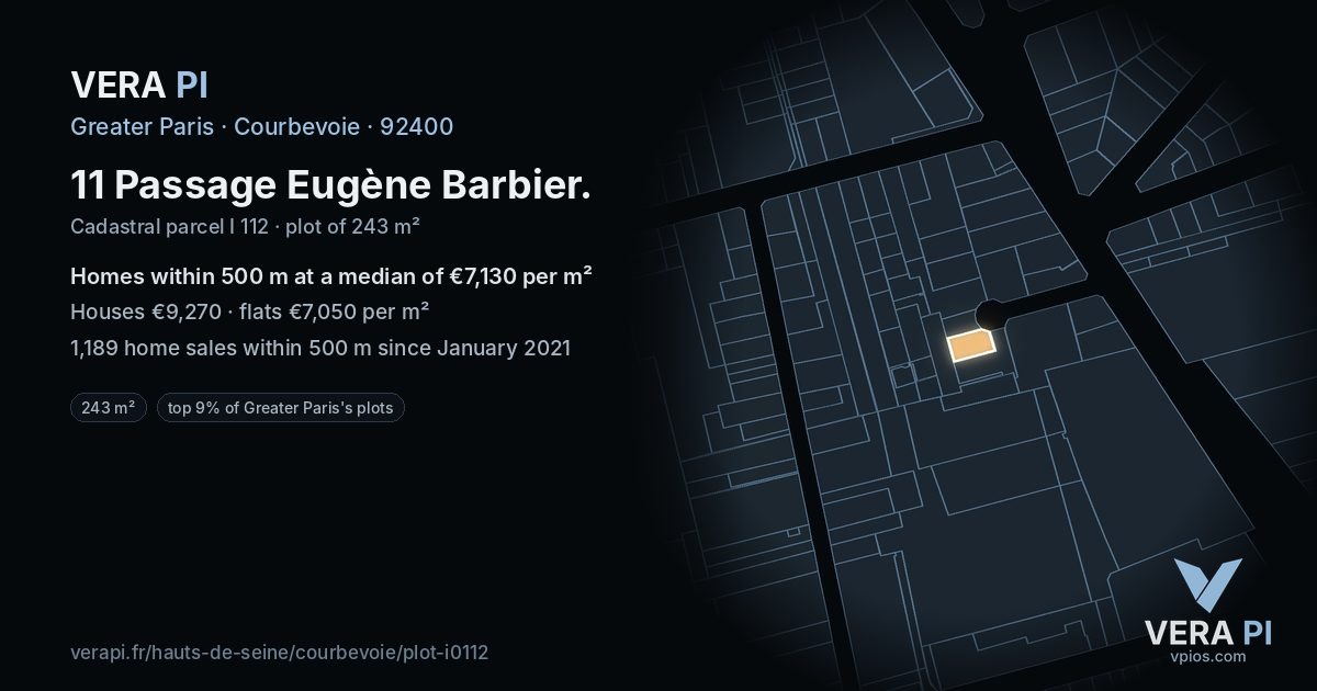 11 Passage Eugène Barbier, Courbevoie at night – the plot lit, the parcels around coloured by the prices near them