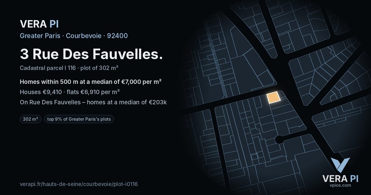 3 Rue Des Fauvelles, Courbevoie at night – the plot lit, the parcels around coloured by the prices near them