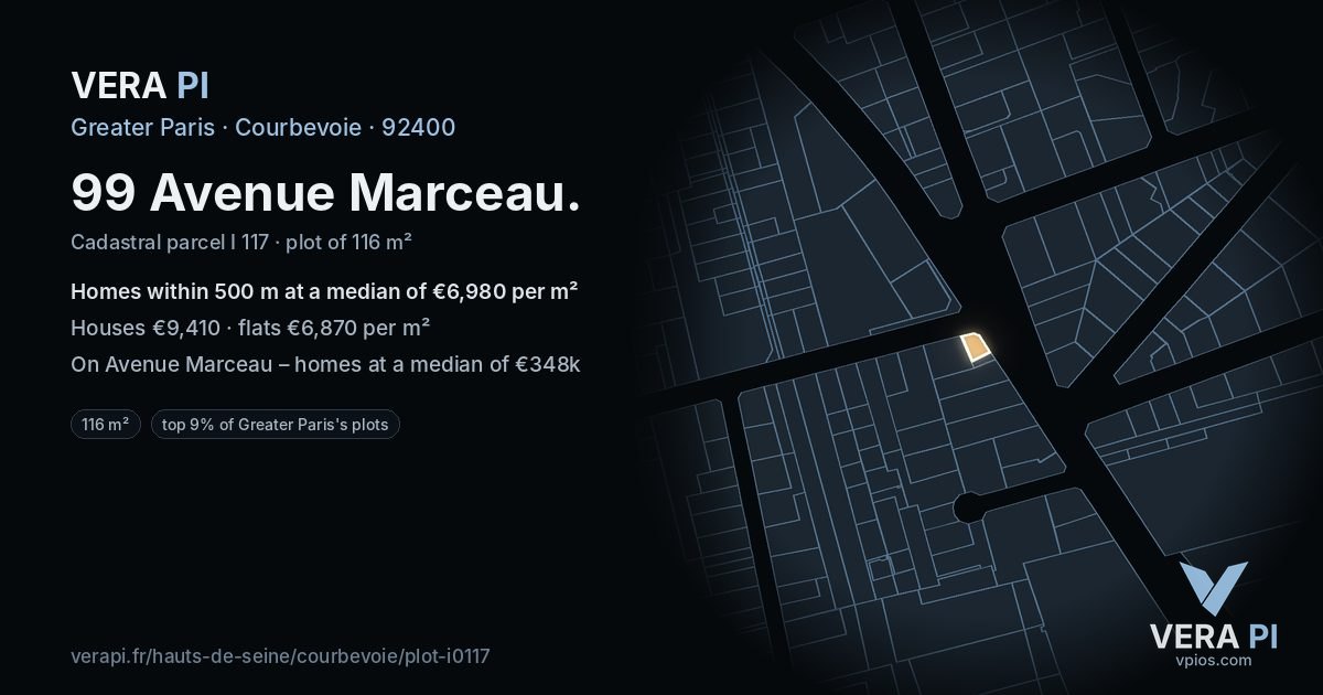 99 Avenue Marceau, Courbevoie at night – the plot lit, the parcels around coloured by the prices near them