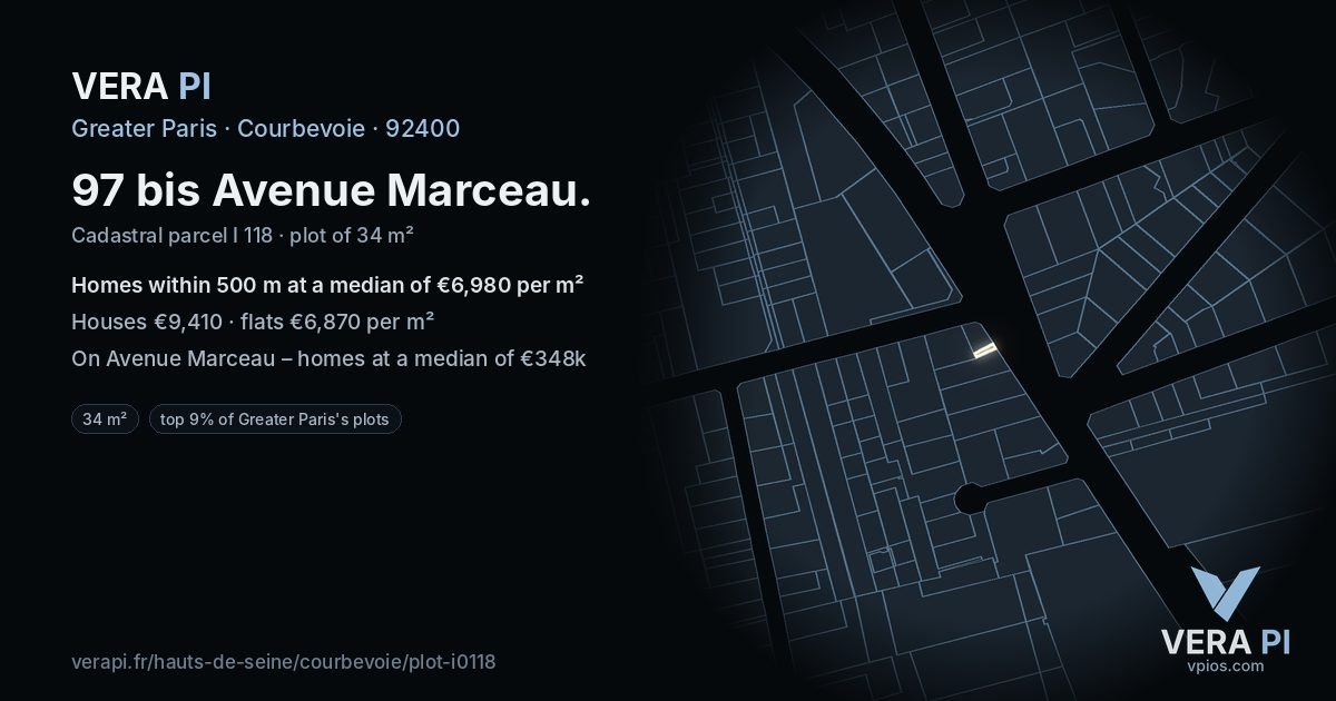 97 bis Avenue Marceau, Courbevoie at night – the plot lit, the parcels around coloured by the prices near them