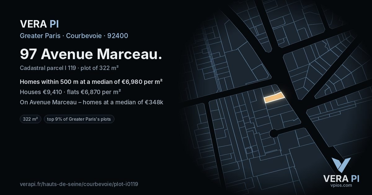 97 Avenue Marceau, Courbevoie at night – the plot lit, the parcels around coloured by the prices near them