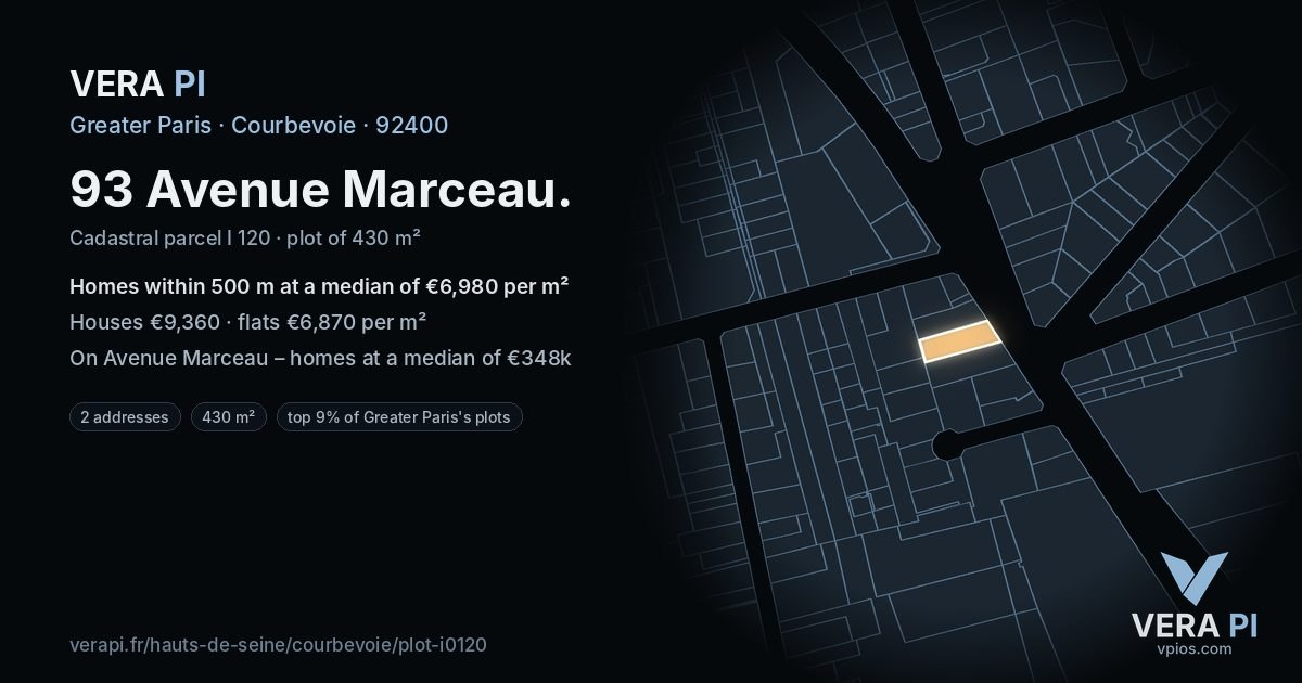 93 Avenue Marceau, Courbevoie at night – the plot lit, the parcels around coloured by the prices near them