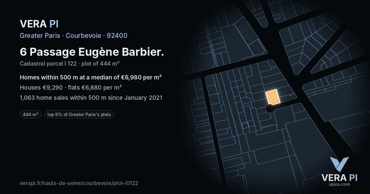 6 Passage Eugène Barbier, Courbevoie at night – the plot lit, the parcels around coloured by the prices near them