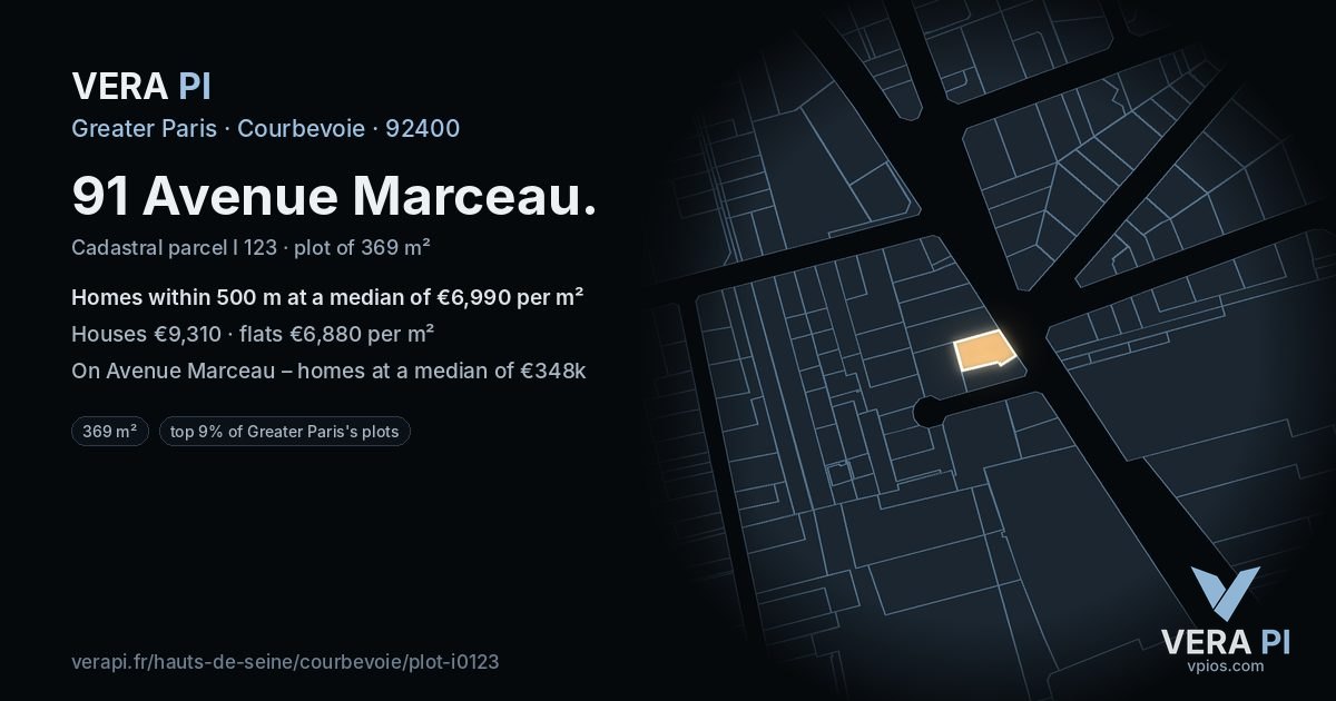 91 Avenue Marceau, Courbevoie at night – the plot lit, the parcels around coloured by the prices near them