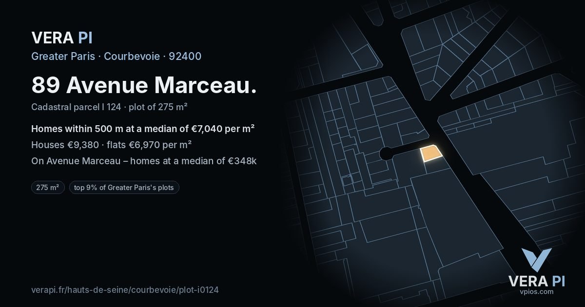 89 Avenue Marceau, Courbevoie at night – the plot lit, the parcels around coloured by the prices near them