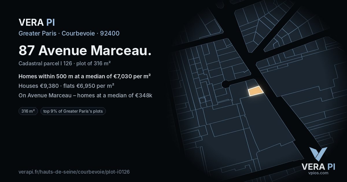 87 Avenue Marceau, Courbevoie at night – the plot lit, the parcels around coloured by the prices near them