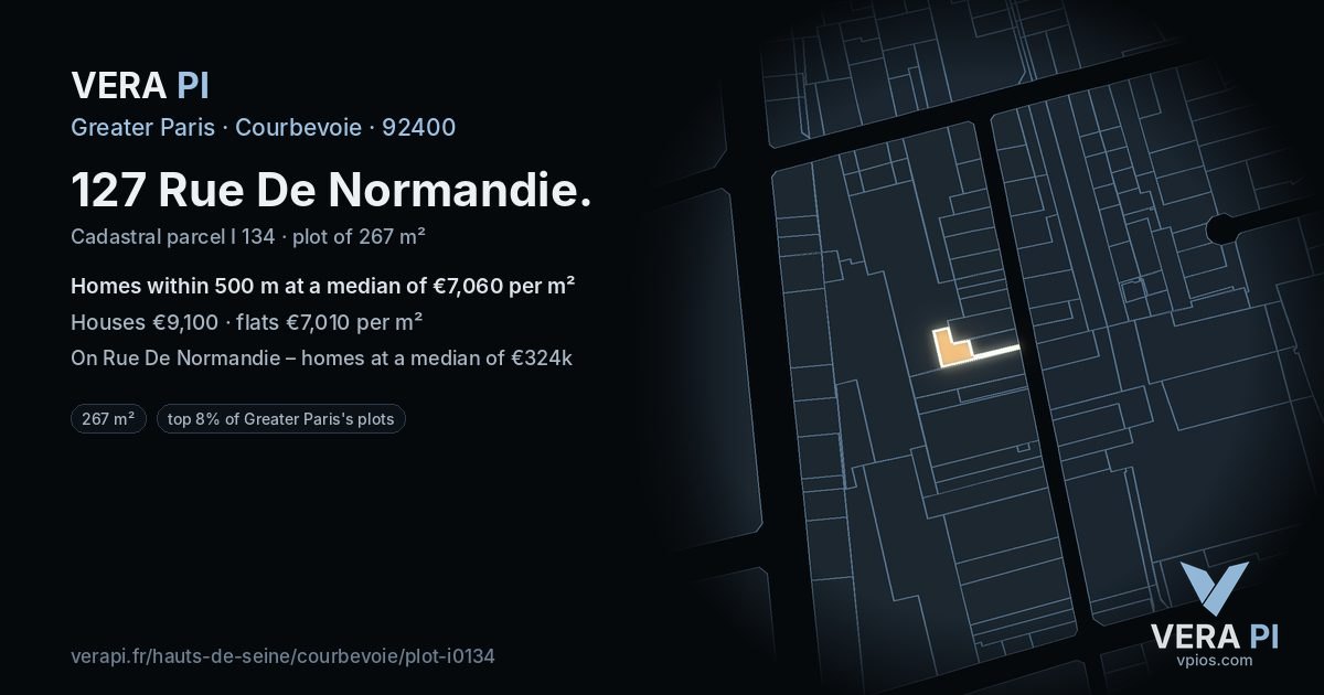 127 Rue De Normandie, Courbevoie at night – the plot lit, the parcels around coloured by the prices near them