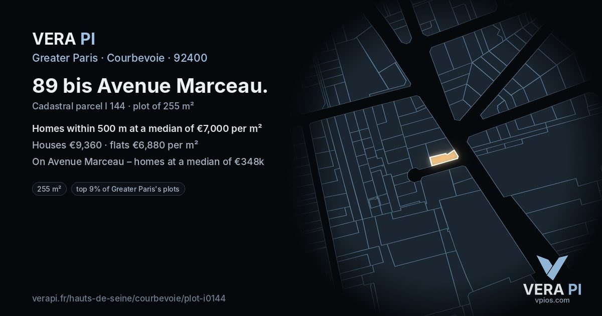89 bis Avenue Marceau, Courbevoie at night – the plot lit, the parcels around coloured by the prices near them