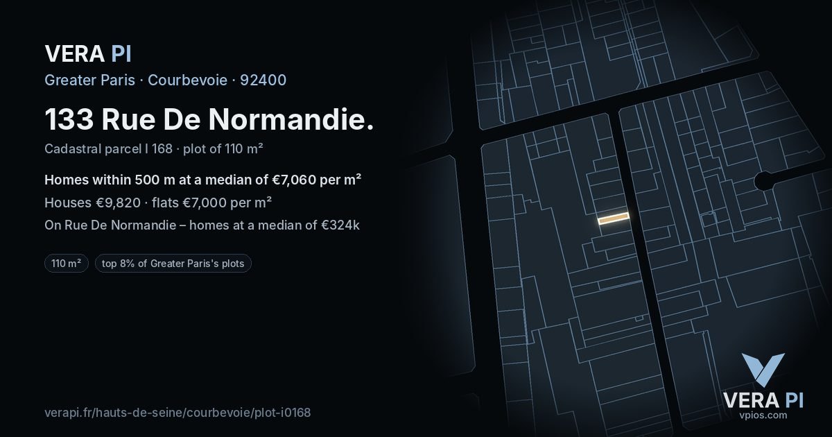 133 Rue De Normandie, Courbevoie at night – the plot lit, the parcels around coloured by the prices near them
