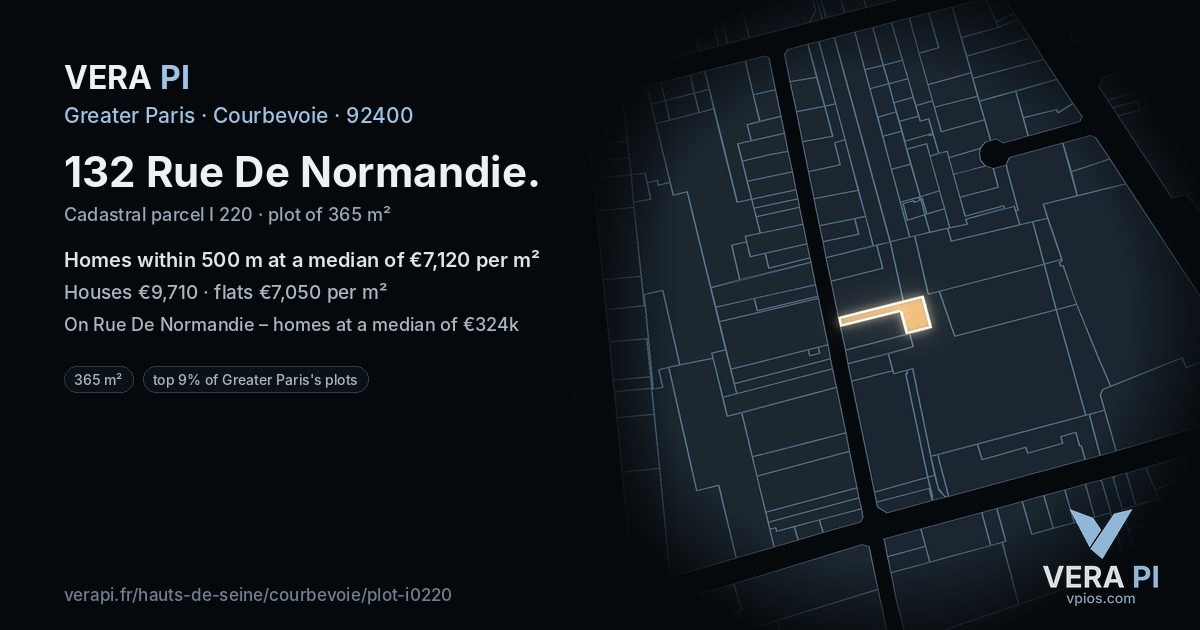 132 Rue De Normandie, Courbevoie at night – the plot lit, the parcels around coloured by the prices near them
