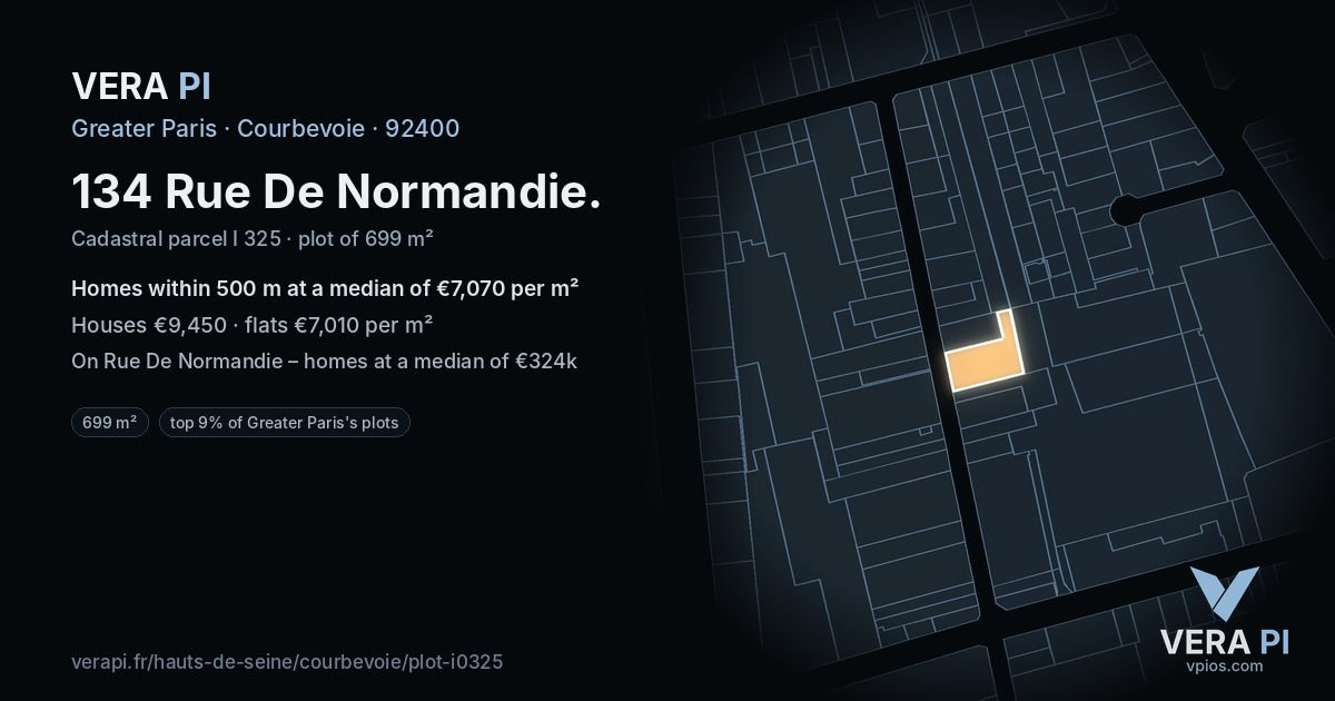 134 Rue De Normandie, Courbevoie at night – the plot lit, the parcels around coloured by the prices near them