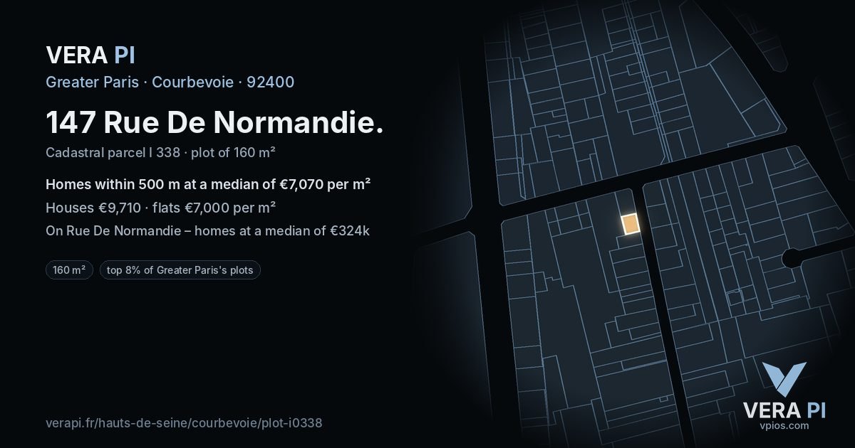 147 Rue De Normandie, Courbevoie at night – the plot lit, the parcels around coloured by the prices near them