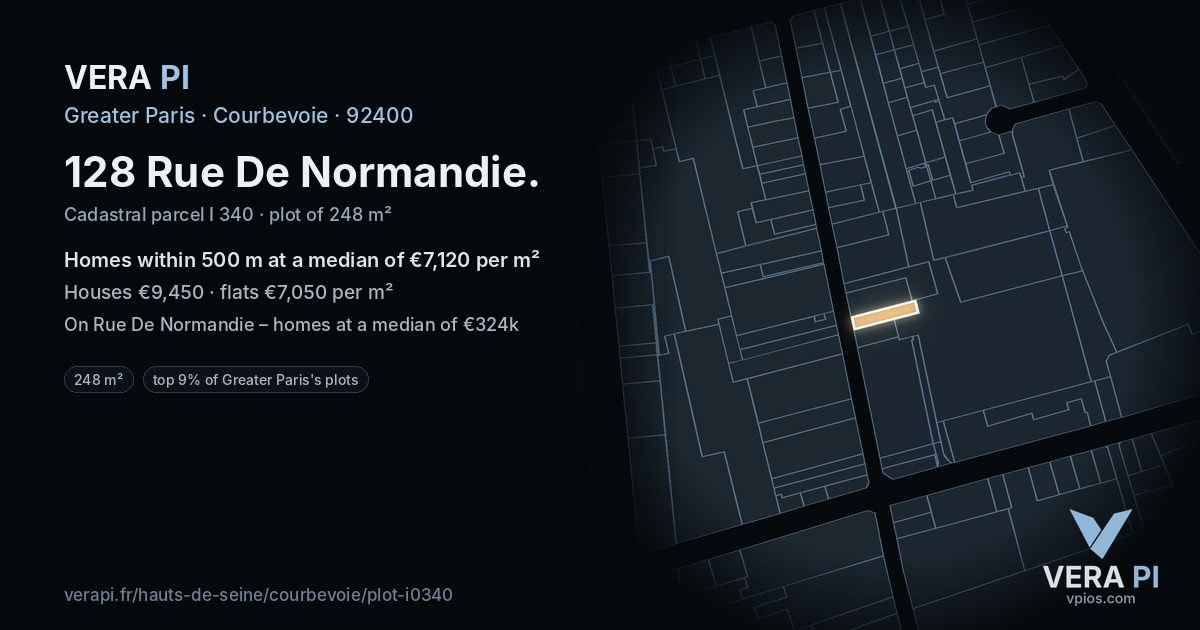 128 Rue De Normandie, Courbevoie at night – the plot lit, the parcels around coloured by the prices near them