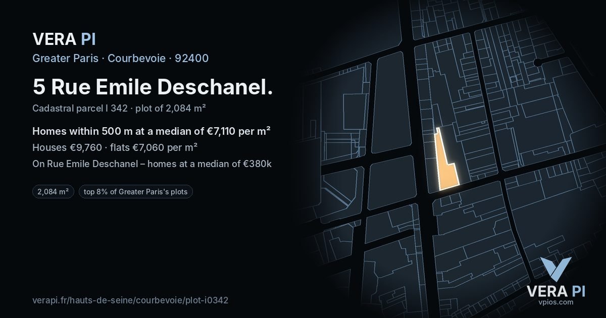 5 Rue Emile Deschanel, Courbevoie at night – the plot lit, the parcels around coloured by the prices near them