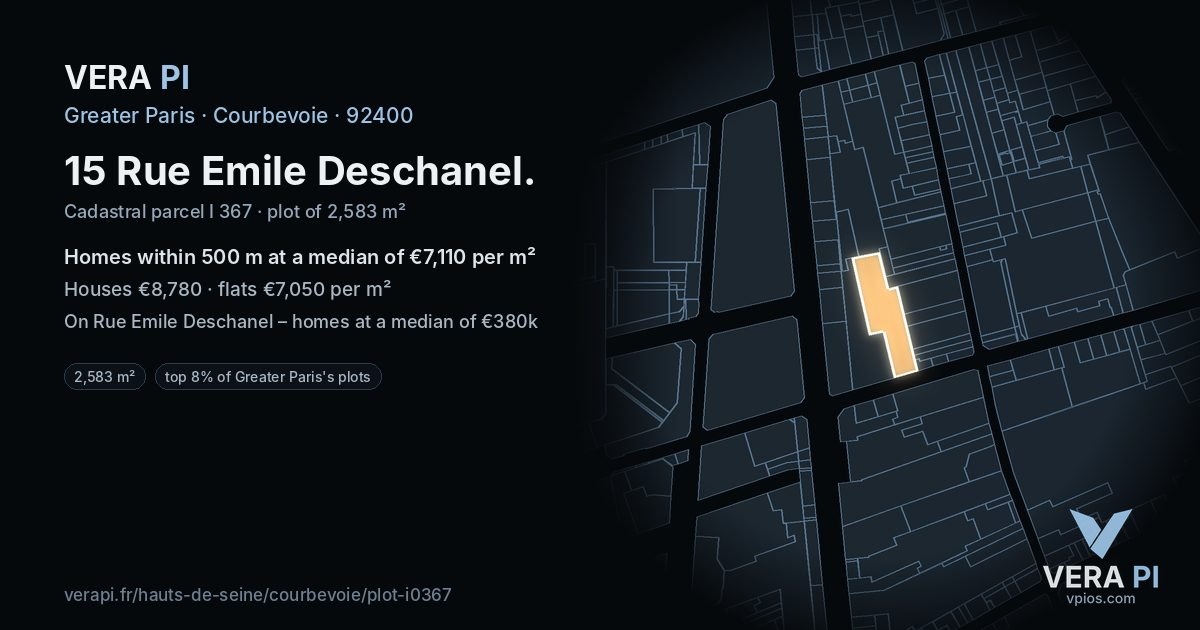 15 Rue Emile Deschanel, Courbevoie at night – the plot lit, the parcels around coloured by the prices near them