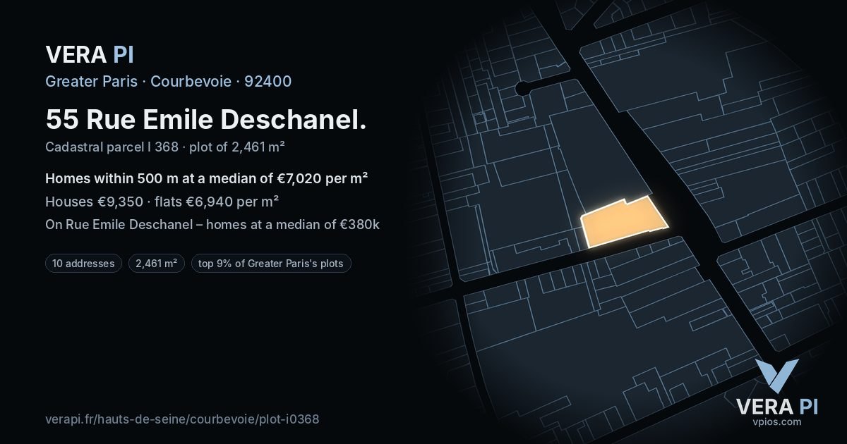 55 Rue Emile Deschanel, Courbevoie at night – the plot lit, the parcels around coloured by the prices near them