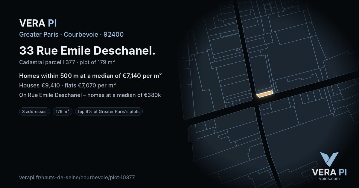 33 Rue Emile Deschanel, Courbevoie at night – the plot lit, the parcels around coloured by the prices near them