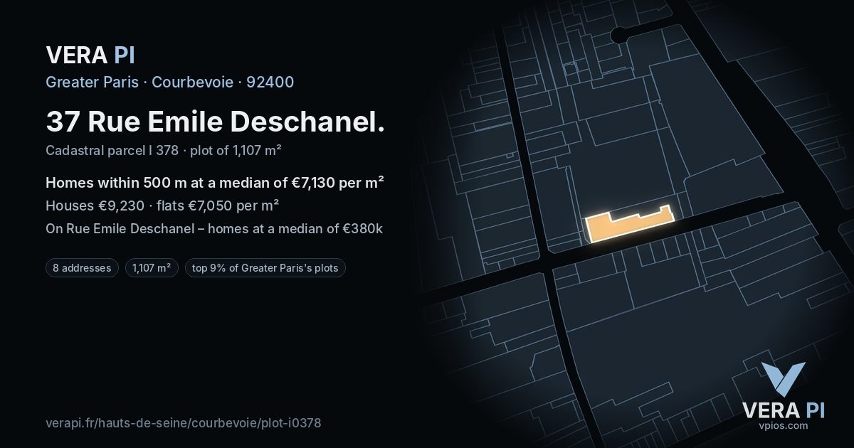 37 Rue Emile Deschanel, Courbevoie at night – the plot lit, the parcels around coloured by the prices near them