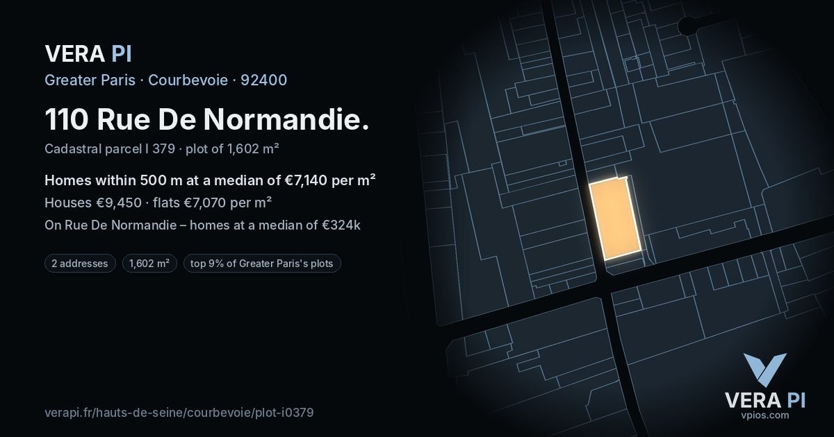 110 Rue De Normandie, Courbevoie at night – the plot lit, the parcels around coloured by the prices near them