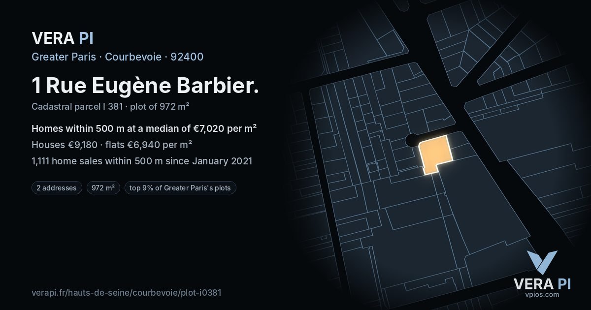 1 Rue Eugène Barbier, Courbevoie at night – the plot lit, the parcels around coloured by the prices near them