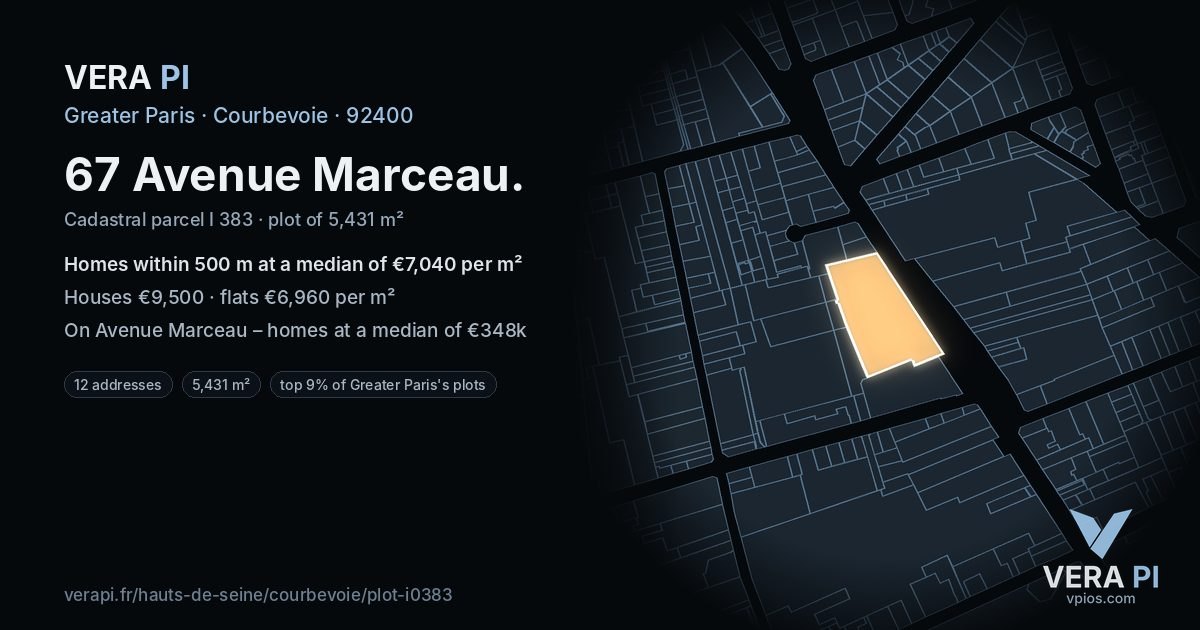 67 Avenue Marceau, Courbevoie at night – the plot lit, the parcels around coloured by the prices near them