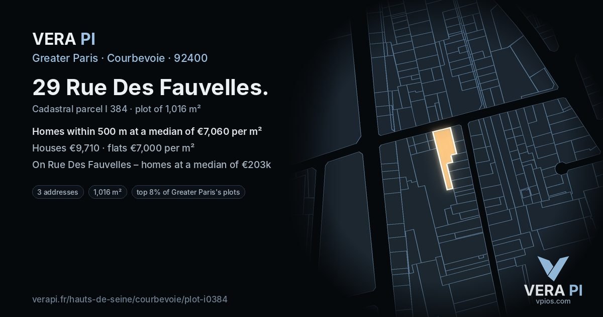 29 Rue Des Fauvelles, Courbevoie at night – the plot lit, the parcels around coloured by the prices near them