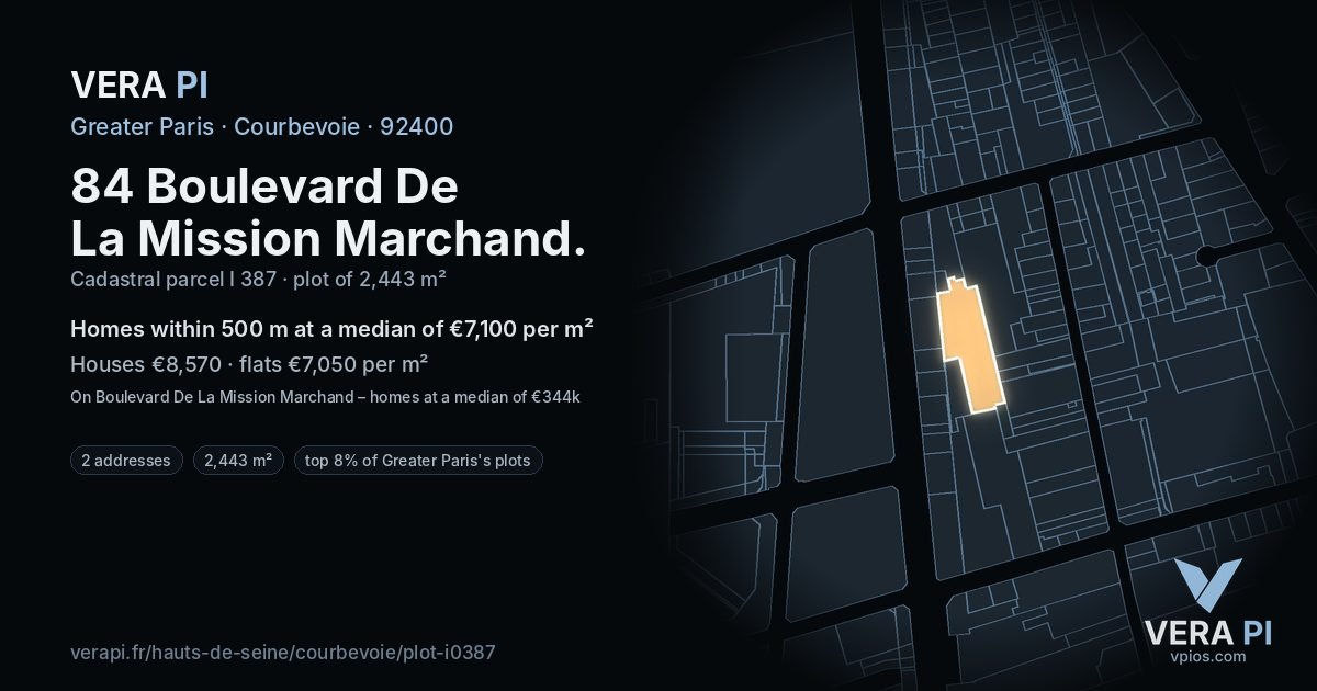 84 Boulevard De La Mission Marchand, Courbevoie at night – the plot lit, the parcels around coloured by the prices near them