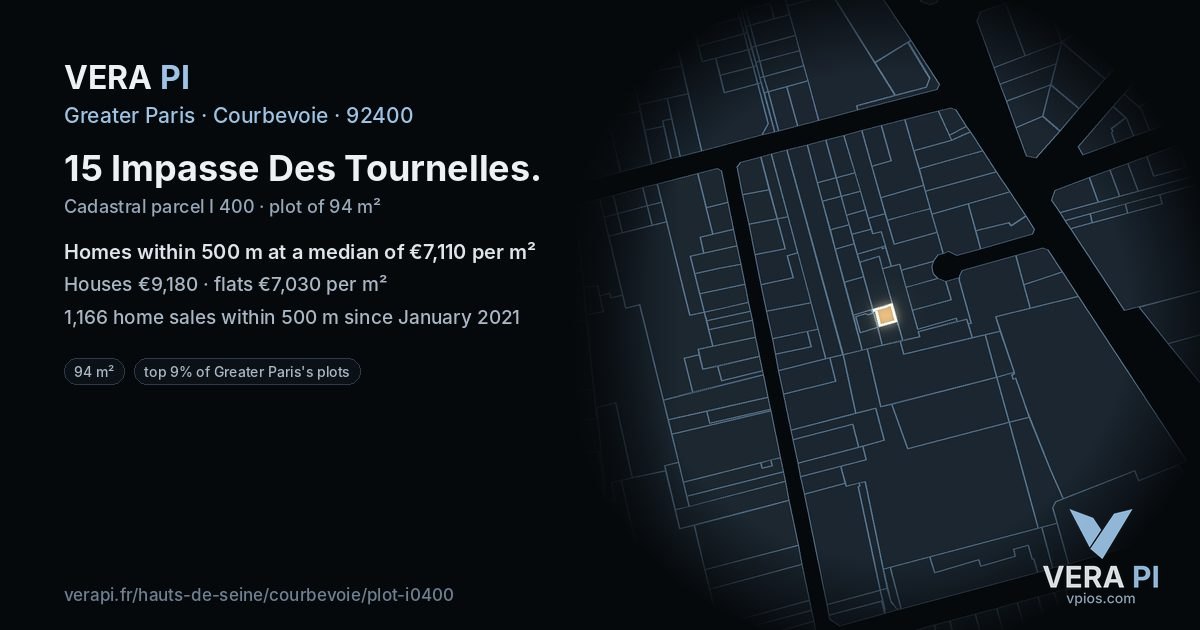 15 Impasse Des Tournelles, Courbevoie at night – the plot lit, the parcels around coloured by the prices near them