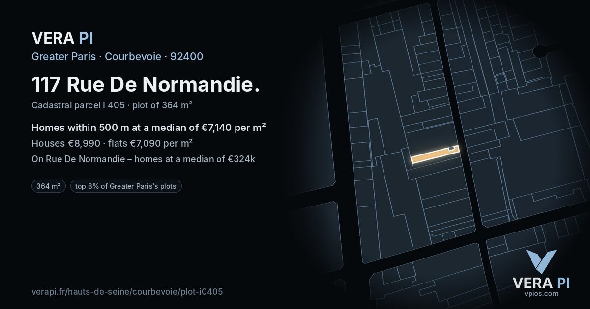 117 Rue De Normandie, Courbevoie at night – the plot lit, the parcels around coloured by the prices near them