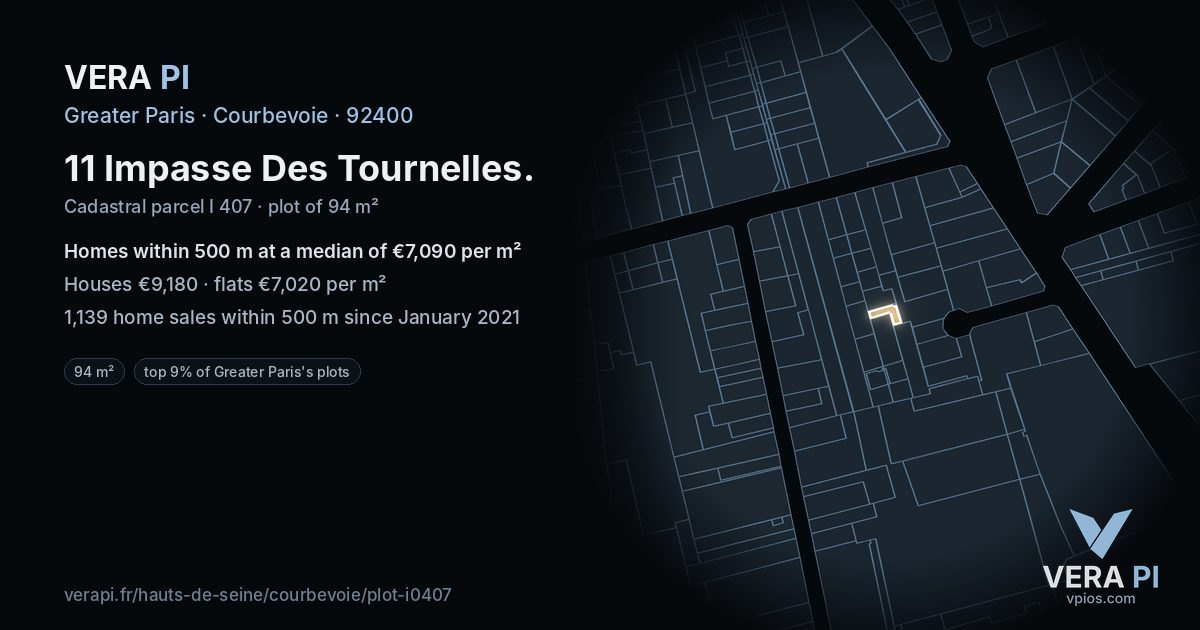 11 Impasse Des Tournelles, Courbevoie at night – the plot lit, the parcels around coloured by the prices near them