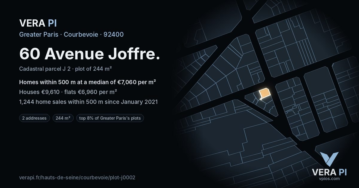60 Avenue Joffre, Courbevoie at night – the plot lit, the parcels around coloured by the prices near them