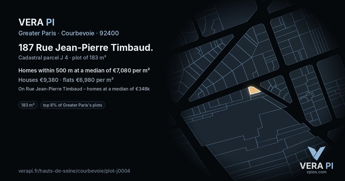 187 Rue Jean-Pierre Timbaud, Courbevoie at night – the plot lit, the parcels around coloured by the prices near them