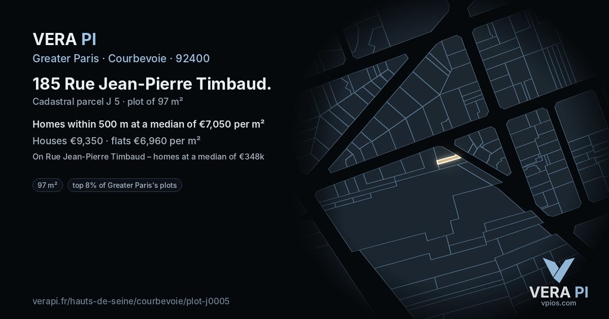 185 Rue Jean-Pierre Timbaud, Courbevoie at night – the plot lit, the parcels around coloured by the prices near them