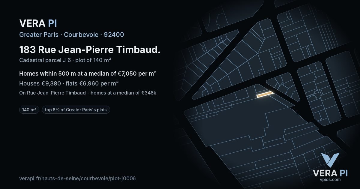 183 Rue Jean-Pierre Timbaud, Courbevoie at night – the plot lit, the parcels around coloured by the prices near them