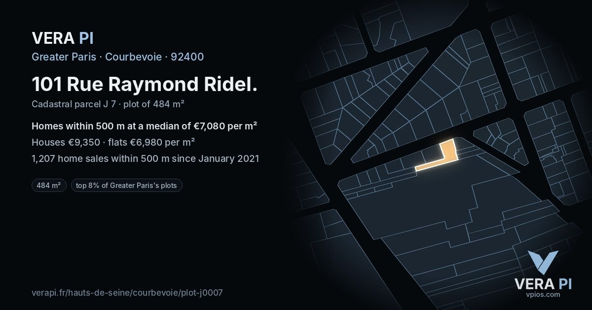 101 Rue Raymond Ridel, Courbevoie at night – the plot lit, the parcels around coloured by the prices near them