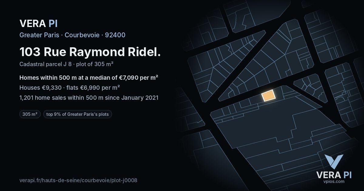 103 Rue Raymond Ridel, Courbevoie at night – the plot lit, the parcels around coloured by the prices near them